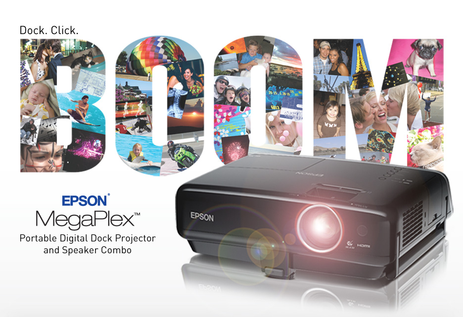 Epson(R) MegaPlex(TM) Portable Digital Dock Projector and Speaker Combo - Show the world your world. - Supersize your movies, games, slideshows and presentations. - Dock.Click.Boom.