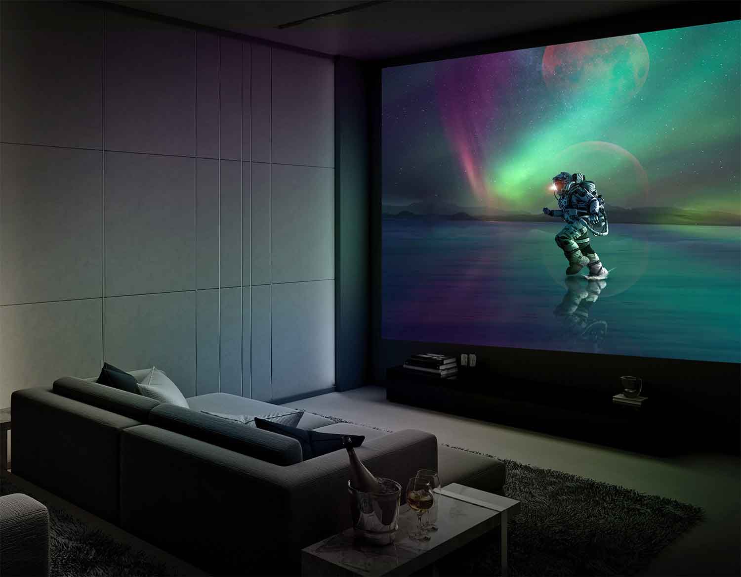 Home theatre room with a walking astronaut on the screen Home theatre room with a walking astronaut on the screen