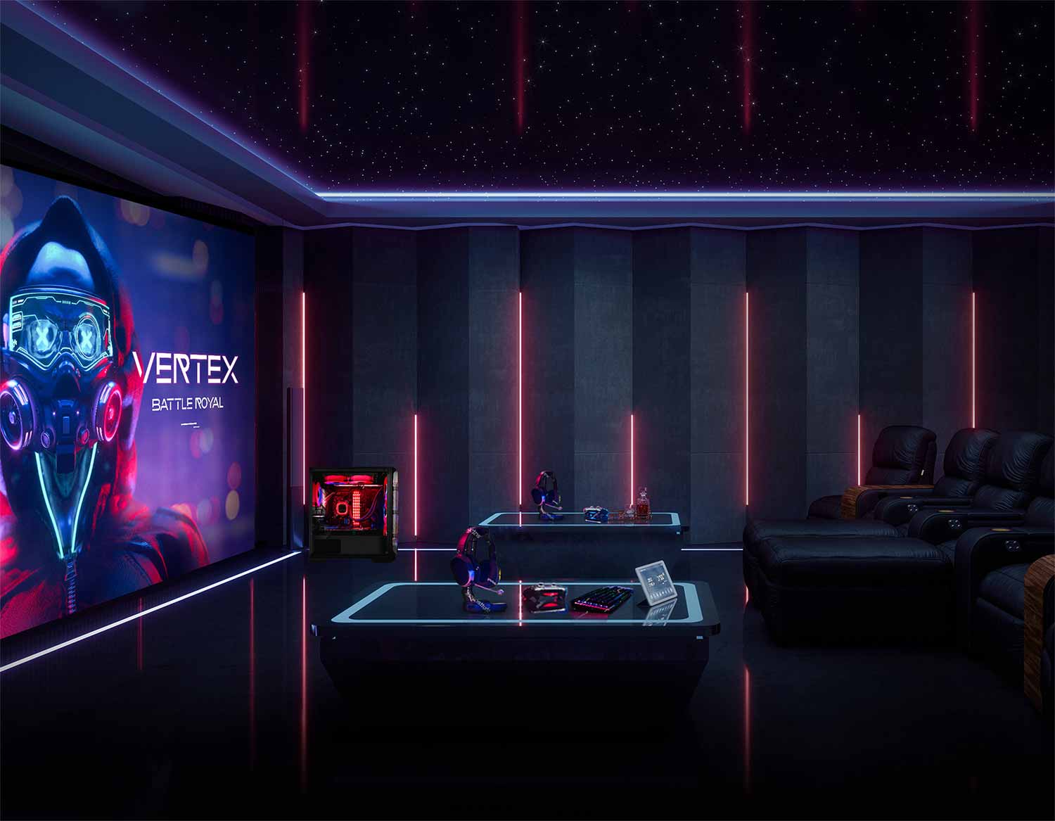 Home gaming room with Vertex Battle Royal game showing on the screen Home gaming room with Vertex Battle Royal game showing on the screen