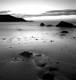 black and white photo of a beach