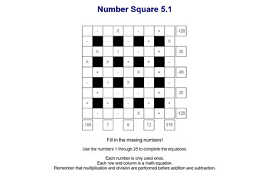 Number Square 5 x 5