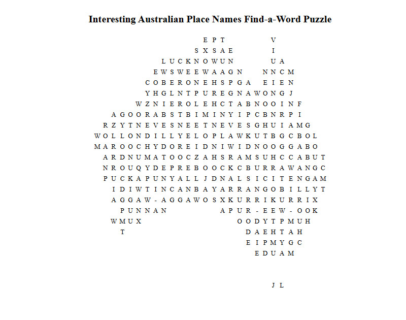Interesting Australian Place Names Find-a-Word