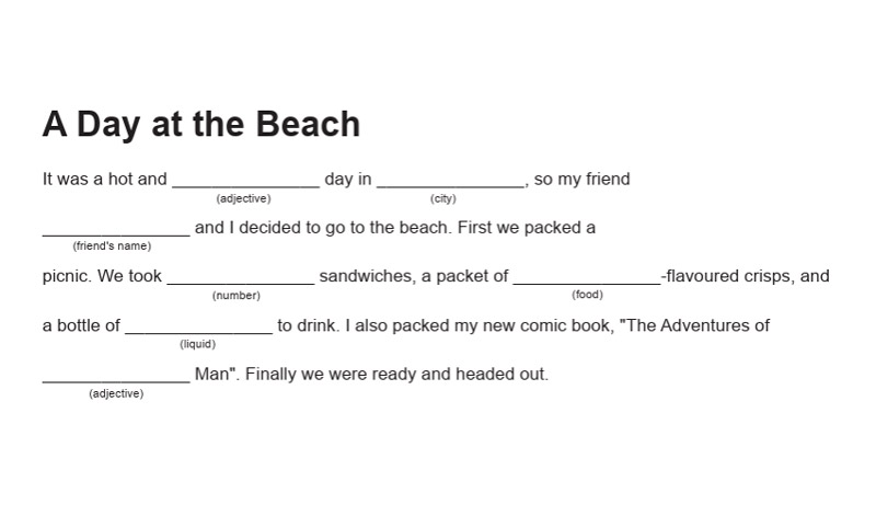 A Day at the Beach Mad Lib