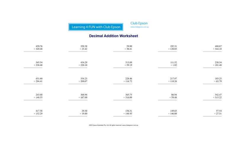 Decimal Addition Worksheet
