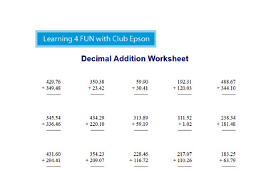Decimal Addition Worksheet