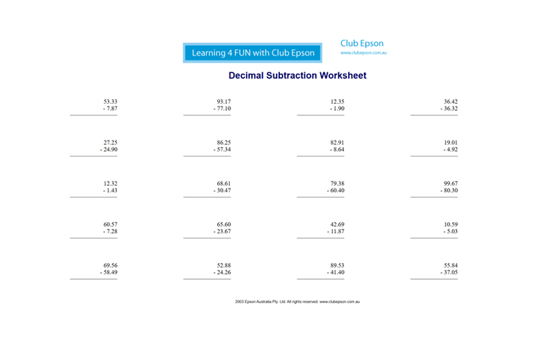 Decimal Subtraction Worksheet