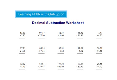 Decimal Subtraction Worksheet