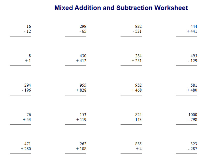 Mixed Addition and Subtraction Worksheet