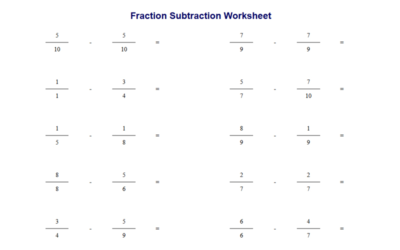 Fraction Subtraction Worksheet